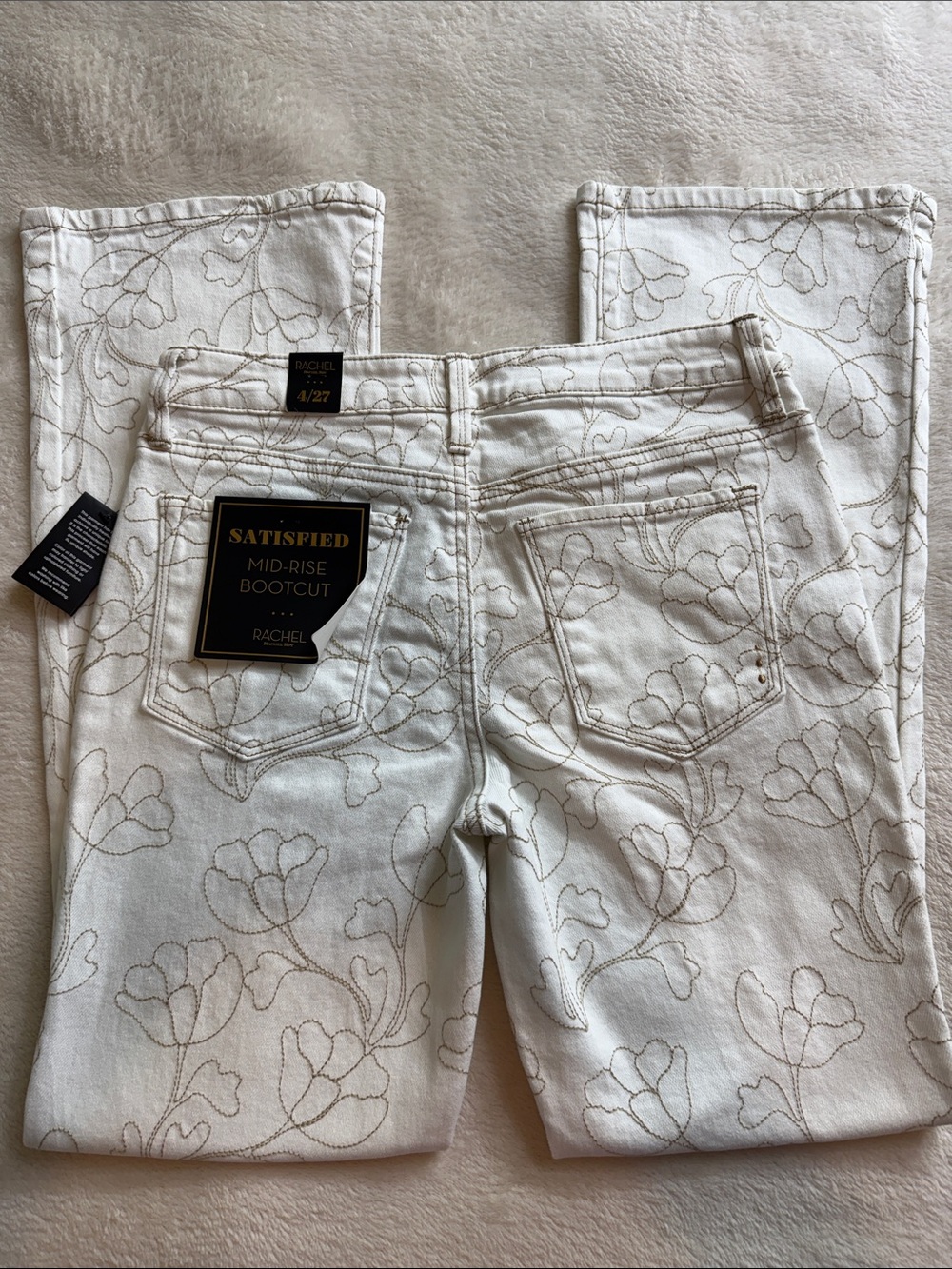 NWT Rachel Rachel Roy Satisfied White Floral Beige Embroidered Bootcut Jeans 4 - Picture 6 of 14